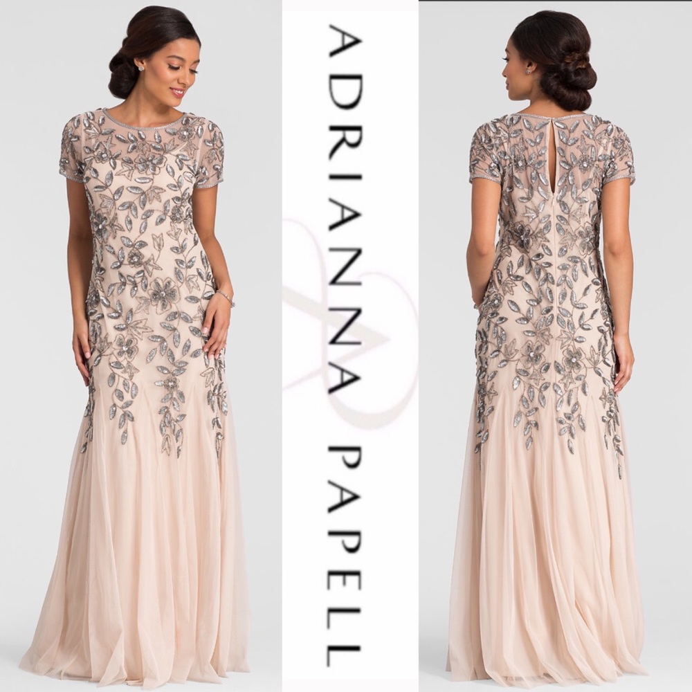 Adrianna Papell plus size beaded floral godet short sleeves long gown - Picture 2 of 16